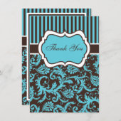 水、ブラウンの白いダマスク織のサンキューカード サンキューカード (正面/裏面)