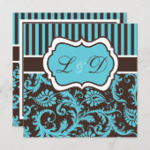 水、ブラウンの白くストライプのなダマスク織の結婚式の招待 招待状 (正面/裏面)