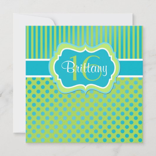 水、ライムの水玉模様の第16誕生日の招待状 招待状 (正面)