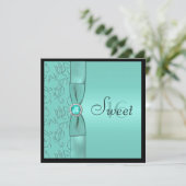 水、黒い印刷されたリボンのSweet sixteenの招待 招待状 (スタンド正面)