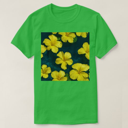水Tシャツに浮かぶ黄色いハイビスカスの花 Tシャツ (デザイン正面)