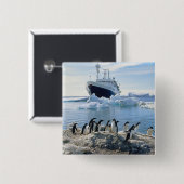 氷ったビーチに立っているペンギンのグループ 缶バッジ (正面&裏面)