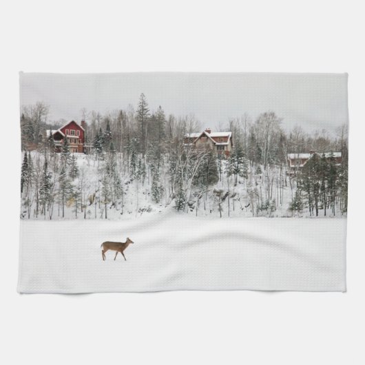 氷と雪 Deer in Snow Quebec,カナダ キッチンタオル (横)