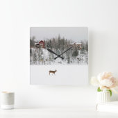 氷と雪 Deer in Snow Quebec,カナダ スクエア壁時計 (ホーム)