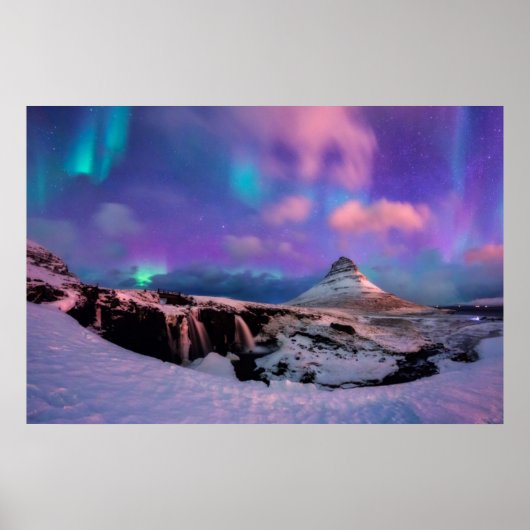 氷と雪 | Northern Lights, Kirkjufall Mountain ポスター (正面)
