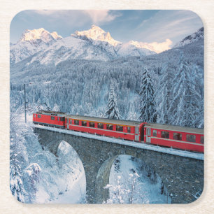 氷と雪 Red Bernina 表現 Train Switzerland Red Bernina スクエアペーパーコースター