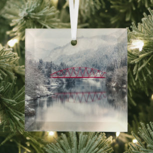 氷と雪 Red Bridge in Winter, Japan ガラスオーナメント