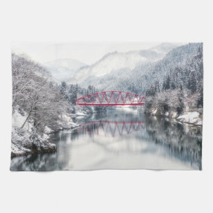 氷と雪 Red Bridge in Winter, Japan キッチンタオル