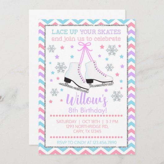 氷のスケートで滑るあなたのスケートガールの招待状をレース。 招待状 (正面/裏面)
