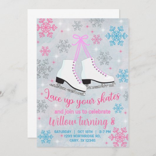 氷のスケートで滑るあなたのスケートガール招待状をレースをレース 招待状 (正面/裏面)