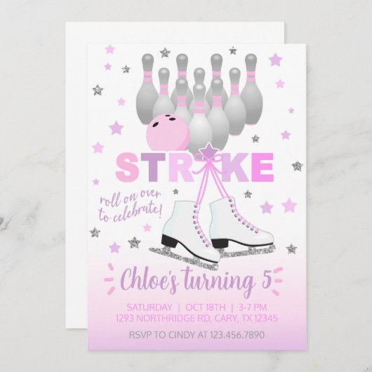 氷のスケートで滑るとボーリングの女の子の誕生日の招待。 招待状 (正面/裏面)