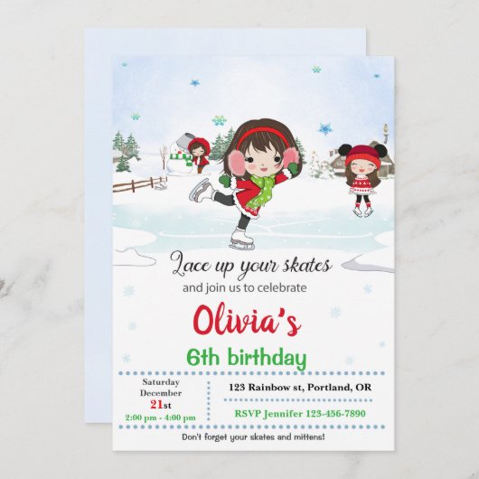 氷のスケートで滑る誕生日の招待Winterの招待 招待状 (正面/裏面)