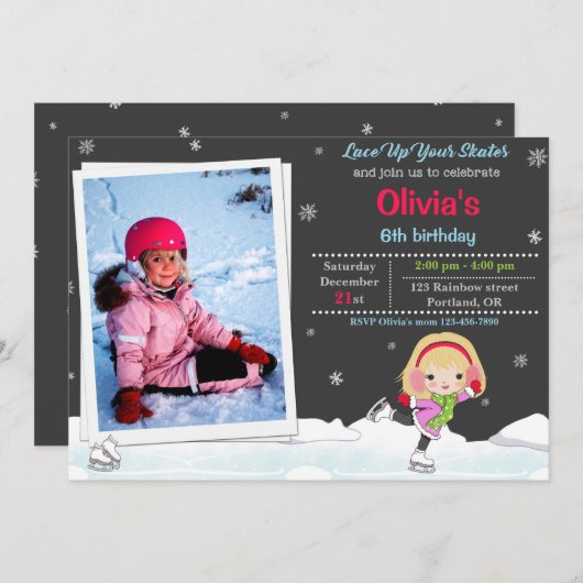 氷のスケートで滑る誕生日の招待Winterの招待 招待状 (正面/裏面)
