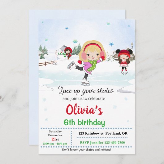 氷のスケートで滑る誕生日の招待Winterの招待 招待状 (正面/裏面)