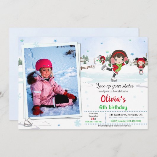 氷のスケートで滑る誕生日の招待Winterの招待 招待状 (正面/裏面)