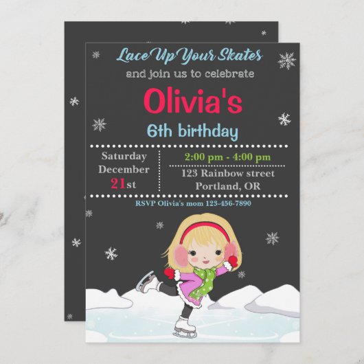 氷のスケートで滑る誕生日の招待Winterの招待 招待状 (正面/裏面)