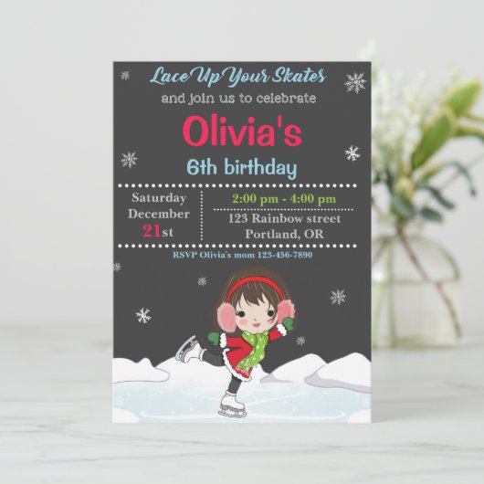 氷のスケートで滑る誕生日の招待Winterの招待 招待状 (スタンド正面)