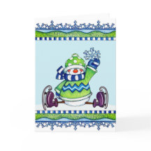 氷のスケートで滑る雪だるま – グリーティングカード