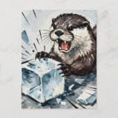 氷のブロックを壊す怒ったカワウソ ポストカード (正面)