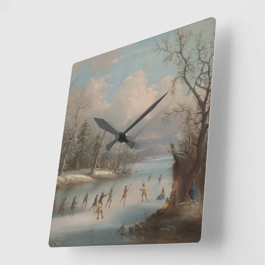 氷のラクロスを遊んでいるインディアン スクエア壁時計 (傾斜)