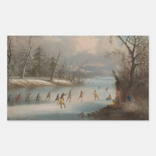 氷のラクロスを遊んでいるインディアン 長方形シール (正面)