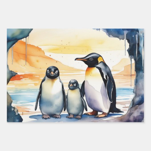 氷の上を滑る水色ペンギン ラッピングペーパーシート (正面)