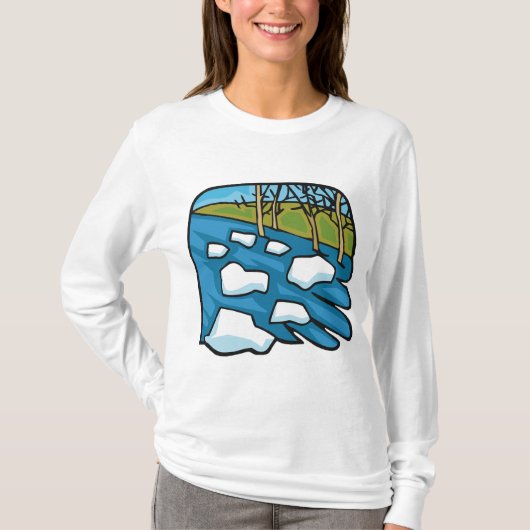氷の塊が浮かぶ冬の融雪河川 Tシャツ (正面)