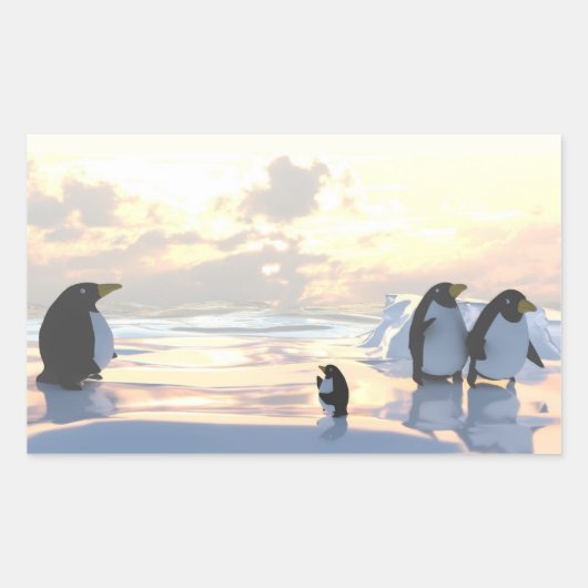 氷の塊の上でくつろぐペンギンたち 長方形シール (正面)