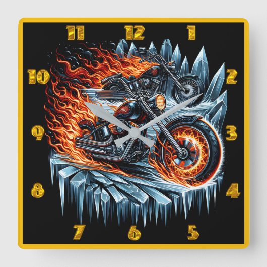 氷の山を走り抜ける炎のオートバイ スクエア壁時計 (正面)