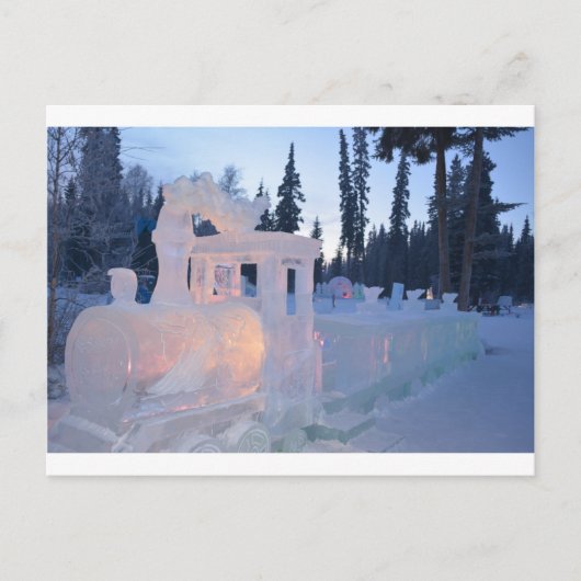 氷の彫刻 冬の凍った雪のアート トレインエンジン ポストカード (正面)