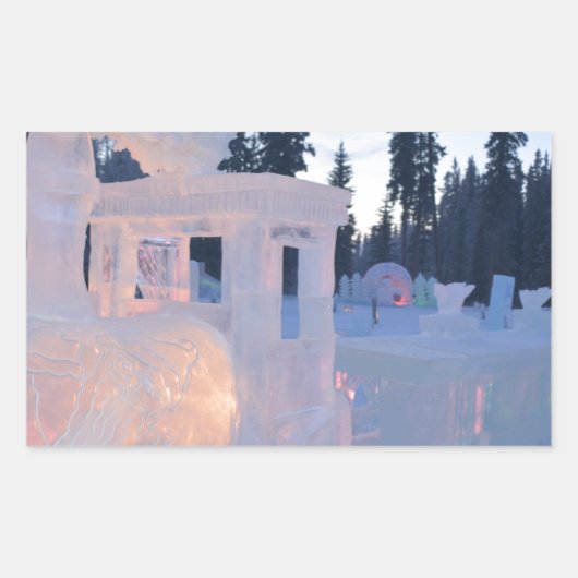 氷の彫刻 冬の凍った雪のアート 列車の機関車 長方形シール (正面)