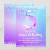 氷の数字 白いラメ 女子 5歳の誕生日 招待状 (正面/裏面)
