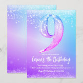 氷の数字 白いラメ 女子 9歳の誕生日 招待状 (正面/裏面)