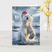 氷の水の中で飛び散るクリスマスのホッキョクグマ カード (黄色い花)