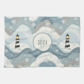 氷の波とコージーライトハウス冬航海の キッチンタオル (横)