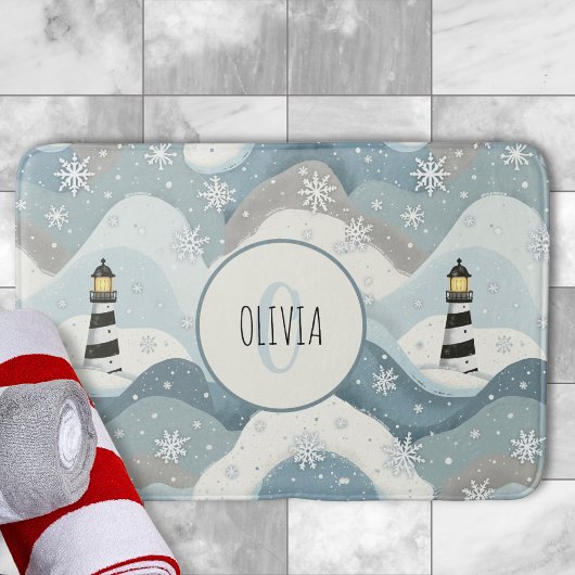 氷の波とライトハウス冬のモノグラム航海の バスマット