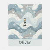 氷の波と雪の結晶を持つライトハウス航海の フリースブランケット (正面)