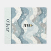 氷の波と雪の結晶を持つライトハウス航海の フリースブランケット (正面(横))