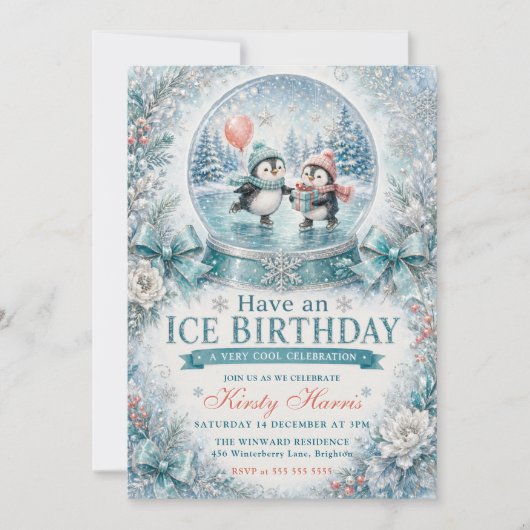 氷の誕生日 おめでとう! とても涼しい冬の誕生日 招待状 (正面)