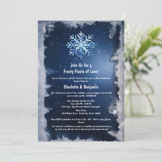氷の霜のついた冬の雪の花のカップルシャワー 招待状 (スタンド正面)