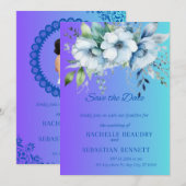 氷の青の水彩花柄のウェディング招待状 招待状 (正面/裏面)