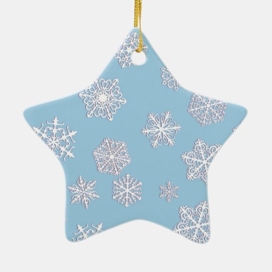 氷の青の背景に白い3-d雪の結晶 セラミックオーナメント (裏面)
