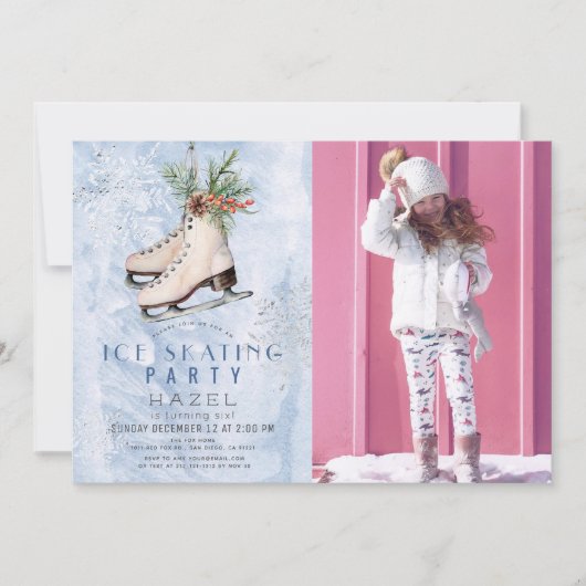 氷スケートで滑るパーティー凍っていスノーフレーク誕生日写真 招待状 (正面)