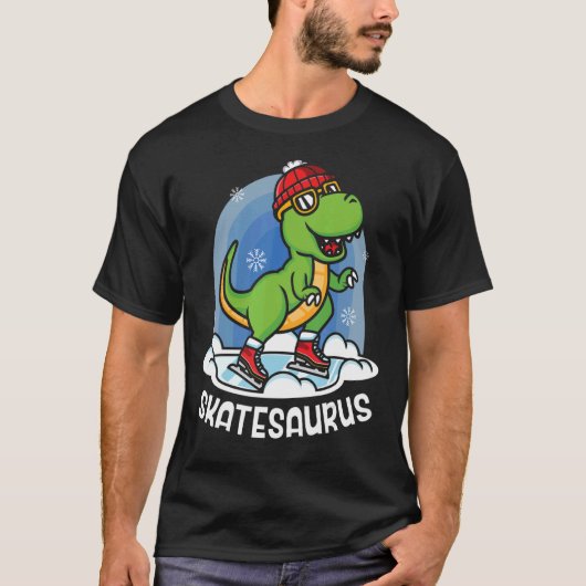 氷スケートで滑る恐竜ローラースケーターおもしろい化石T- Tシャツ (正面)