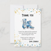 氷スケートで滑る誕生日サンキューカード、青金ゴールド サンキューカード (正面)