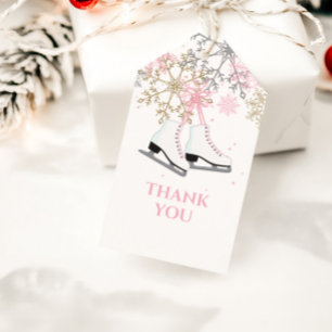 氷スケートで滑る誕生日ピンク金ゴールド雪片 ギフトタグ