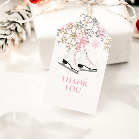 氷スケートで滑る誕生日ピンク金ゴールド雪片 ギフトタグ