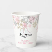 氷スケートで滑る誕生日ピンク金ゴールド雪片 紙コップ (正面)