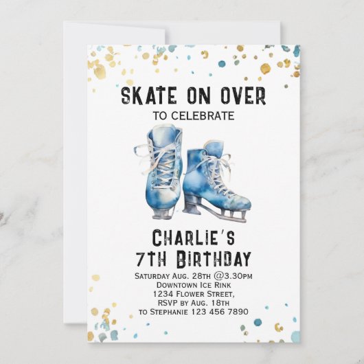 氷スケートで滑る誕生日招待状氷 – スケートで滑るパーティー 招待状 (正面)