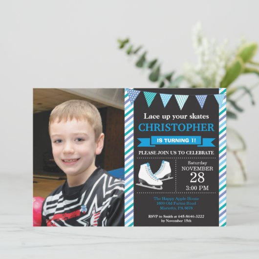 氷スケートで滑る誕生日招待状1日目の誕生日パーティー 招待状 (スタンド正面)